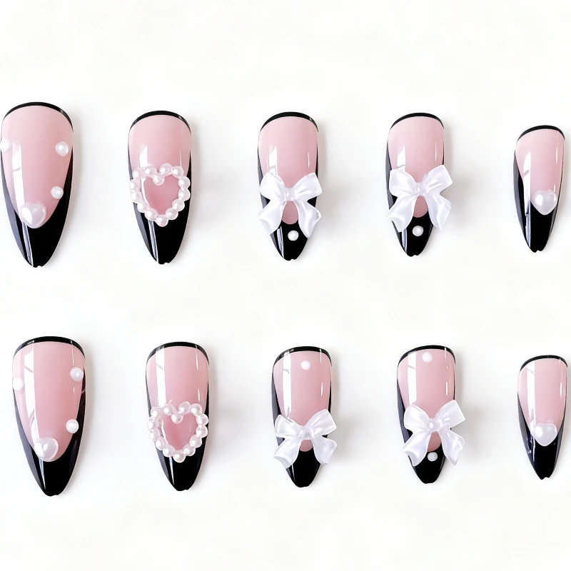 24 قطعة خريف شتاء الراقية الأظافر كاذبة الأسود الفرنسية القوس الحب عارية الوردي الأظافر وهمية القابلة للإزالة قطرة الماء شكل اضغط على الأظافر net jep #1
