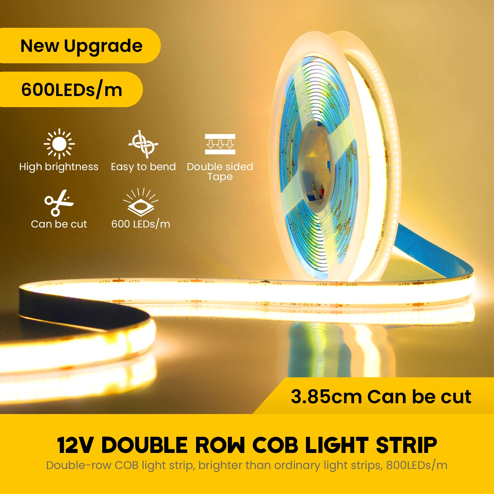 12V 24V COB LED Strip 600LEDs/m High Density 12mm PCB Natural Warm White Flexible Tape Light for Home Decor 0.5m,1m,2m,3m,4m,5m