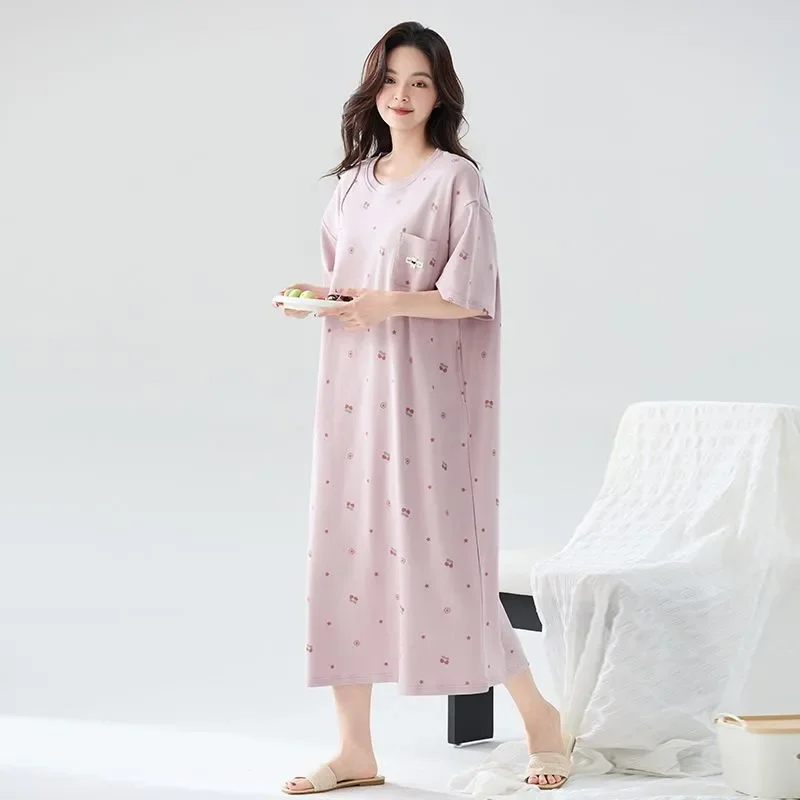 Women's Cotton Nightgown Antibacterial Short Sleeve Loose Plus Size Summer Sleepwear