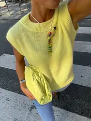 Zevity Women Fashion O Neck Raglan Sleeve Yellow Color Knitting Vest Sweater Female Chic Basic Pullovers Tops SW6296