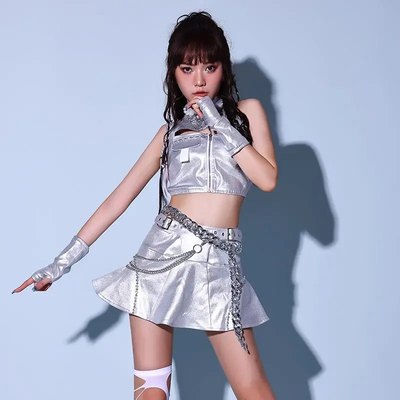 Nuovo costume da canto in argento, costume da spettacolo di gruppo kpop girl, costume da cheerleader per bambini da calcio, set di costumi da ballo jazz