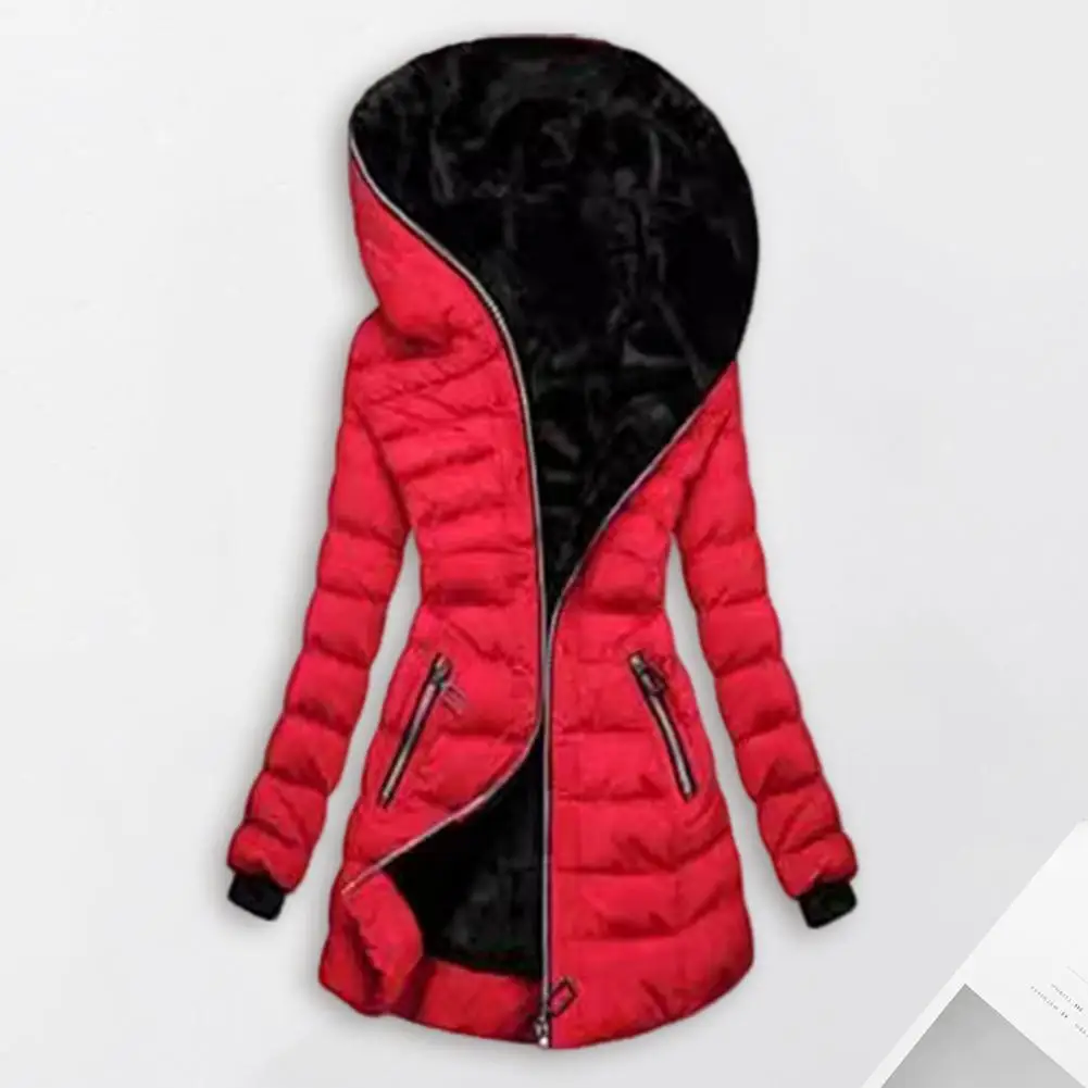 Women Cotton Coat Plush Lined Women's Winter Cotton Coat with Hood Elastic Cuffs Mid Length Down Jacket for Outdoor Activities