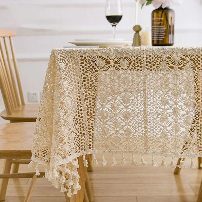 

Vintage Crochet Tablecloth Hollow Out Beige Lace Rectangle Wrinkle-Free Table Cloth for Kitchen Dining Party Wedding Decorations