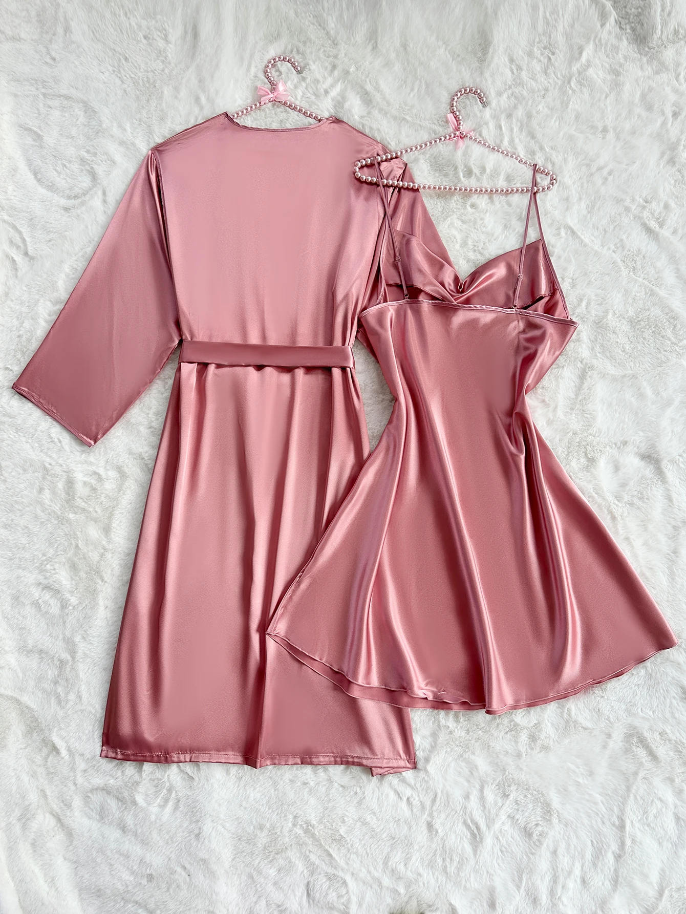 2 ชิ้นชุดขนาดบวกสีทึบแฟชั่นเซ็กซี่ Nightgown ชุดนอนสําหรับผู้หญิง