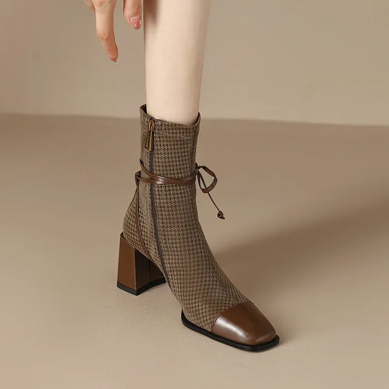 2024 New French Style Square Toe Chunky Heel High Heeled Short Boots for Women Autumn Winter Single Boots Women Womens Boots