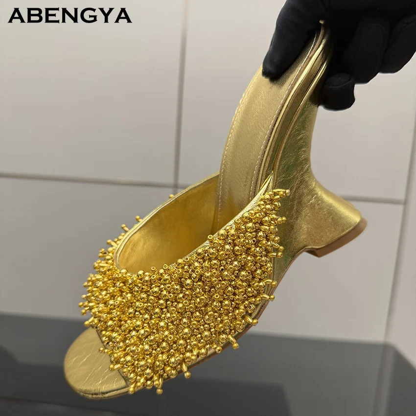 Summer Sexy Gold Silver Leather Wedge High Heels Slippers Women Open Toe Beaded Designer Crystal Party Wedding Shoes For Women view 2