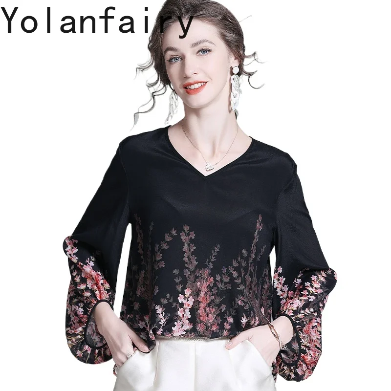 YOLANFAIRY Luxury 100% Natural Mulberry Silk T Shirts Woman 2026 Spring Vintage Floral Blouse Womens Tops Elegant Shirt Camisas