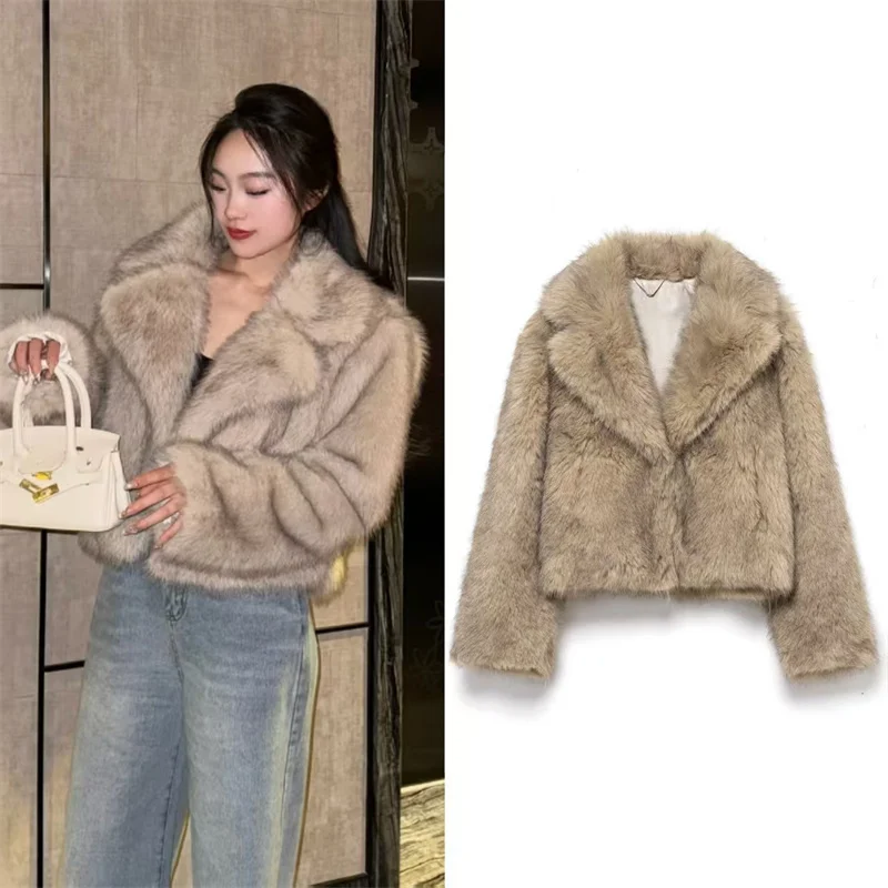 

Women's Jacket 2025 Winter New Khaki Long-Sleeve Faux Fur Short Warm Jacket High-End Fashion Stylish