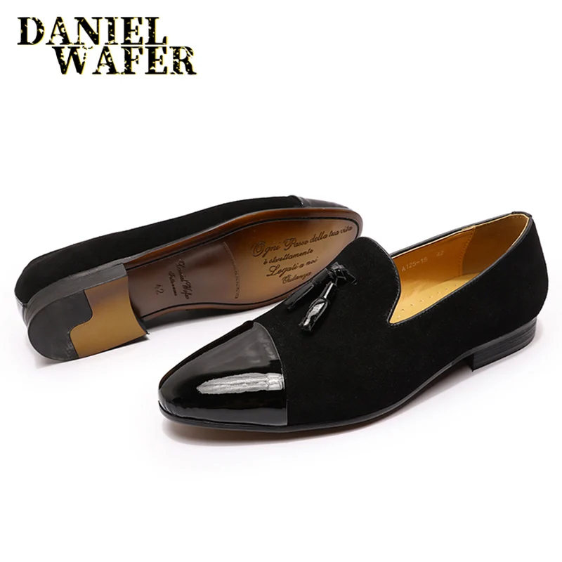 Luxury Loafers Elegant Mens Dress Wedding Office Shoes Suede Patchwork Patent Leather Slip-on Tassel Loafer for Men Casual Shoes