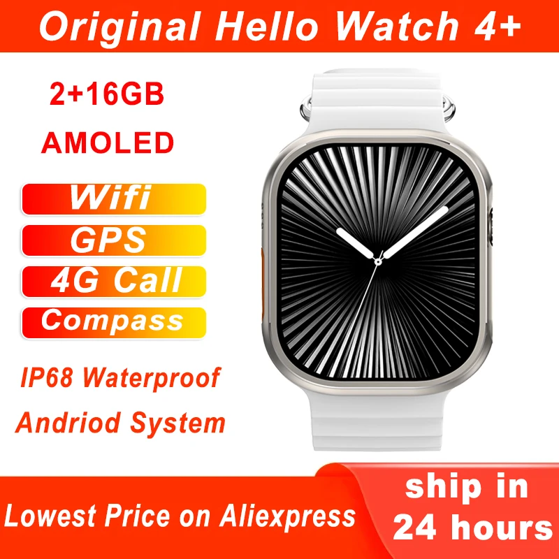 Original Hello Watch 4 Plus 4G Smartwatch AMOLED 2+16G ROM GPS Wifi SIM Card NFC Compass 4G Call APP Dowmload Smart Watch Men