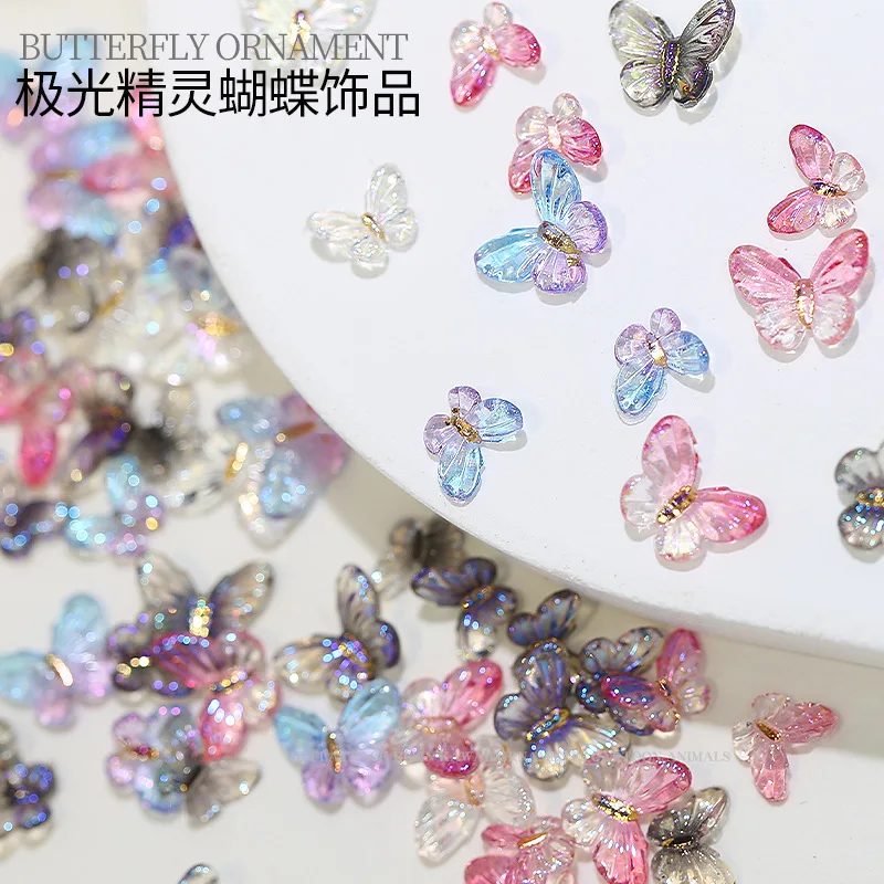 20PCS Aurora Fairy Butterfly Nail Charms 3D Holographic Iridescent Resin Butterfly for Acrylic Manicure Phone Cases DIY Art