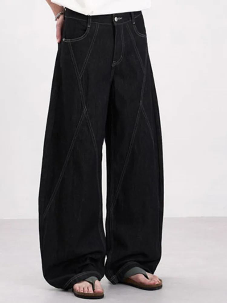 Denim Black Men's Jeans Multi-structure Contrast-stitching Design Functional Casual Loose-fitting Curved-cut Pants GYT6