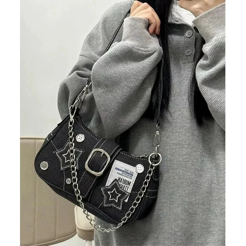 

Trendy Denim Shoulder Bags with Star Decoration Graffiti Poster Chain Underarm Bags for Party Spicy Girls Fashion Retro Handbag