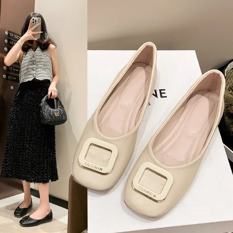 2024 new gentle temperament square buckle square head flat work shoes fashion all match shallow mouth female ladle shoes