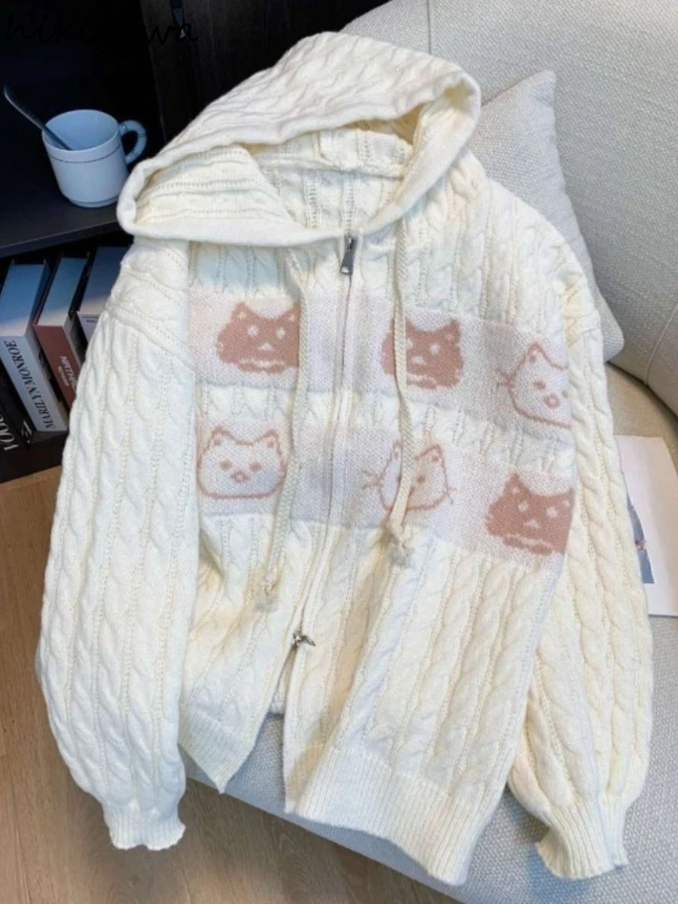 

Кардиган с капюшоном, куртки Pull Femme в консервативном стиле, японский кот Sueter Mujer, повседневный вязаный свитер на молнии, топы, осенне-зимняя одежда