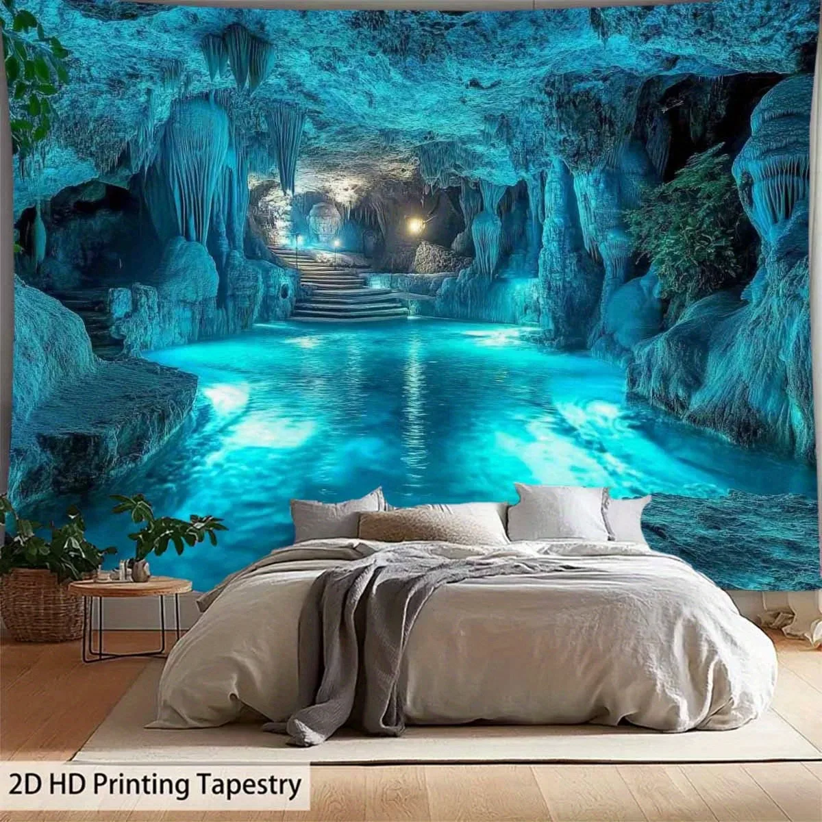 Blue Cave Waterfall Tapestry Underground River Scenic Landscape Nature Wall Hanging Art Bedroom Decor Relaxing Atmosphere HD
