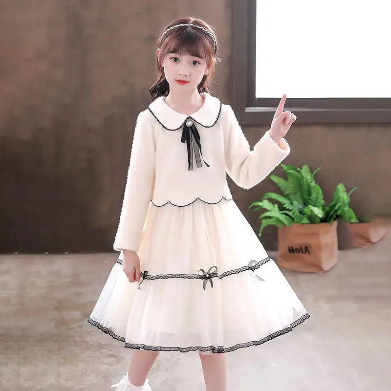 

Girls' Autumn Winter Dress Internet Celebrity Solid Color Long Sleeve Woolen Mesh Long Dress Princess Style Fake Two-Piece Set F