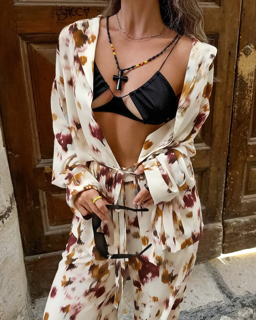 DSMTRC خمر التباين اللون المطبوعة عالية الخصر السراويل مجموعات أزياء المرأة طويلة الأكمام قميص دعوى سيدة عارضة جديد 2 قطعة وتتسابق #5