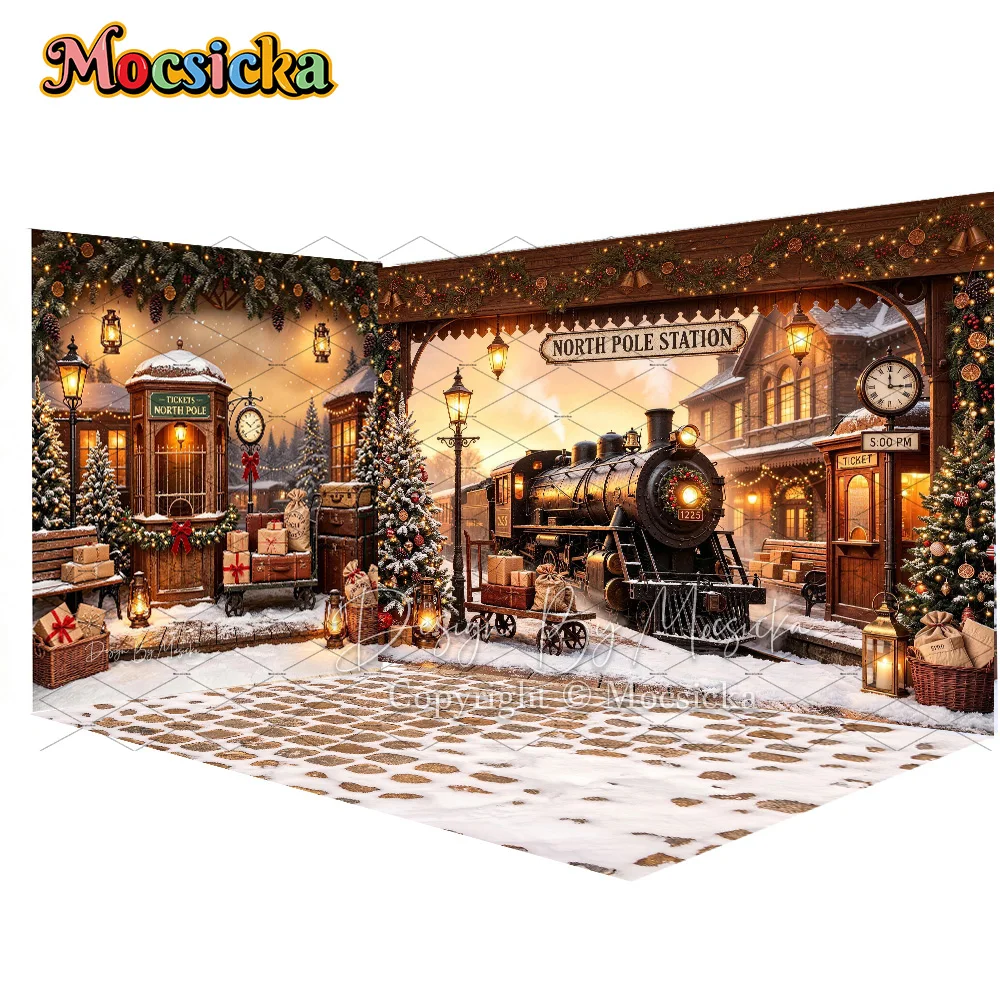 Mocsicka Weihnachtszug-Eckhintergrund für Fotografie, Nordpol-Station, verschneite Straßenlaterne, Geschenk-Hintergrund, Kinder-Winter-Fotokulisse