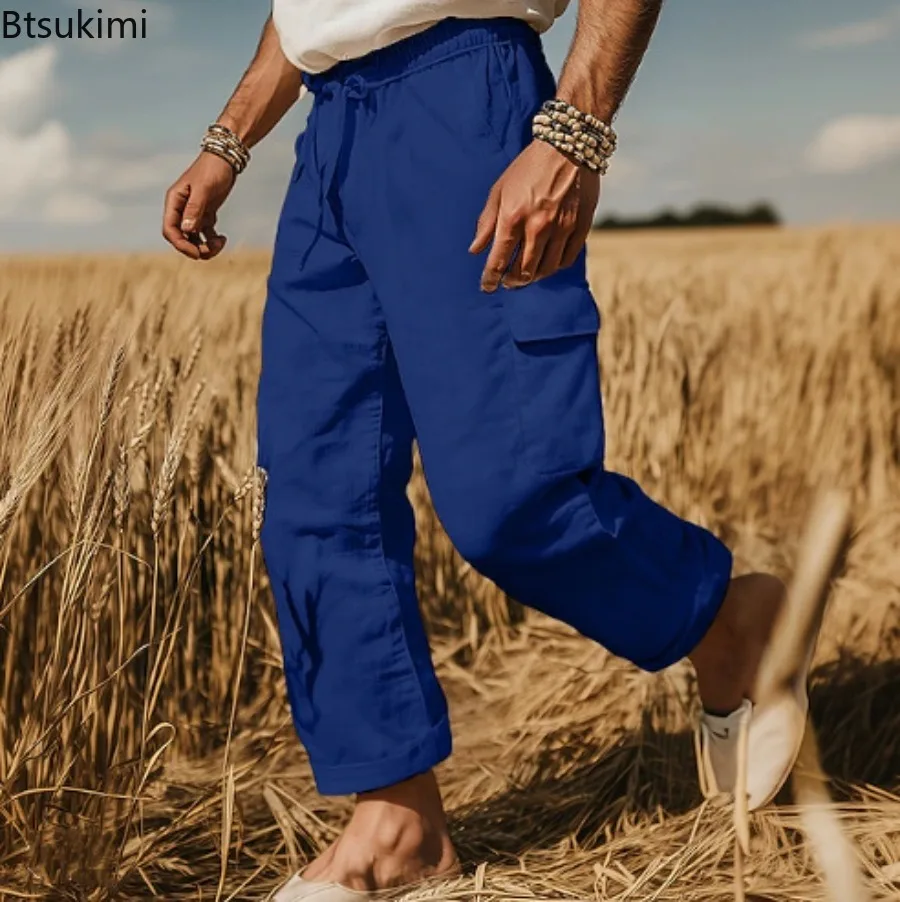 New Men's Cargo Pants Retro Cotton Linen Casual Pants Spring Summer Breathable Thin Loose Beach Pants Men Sport Joggers Trousers