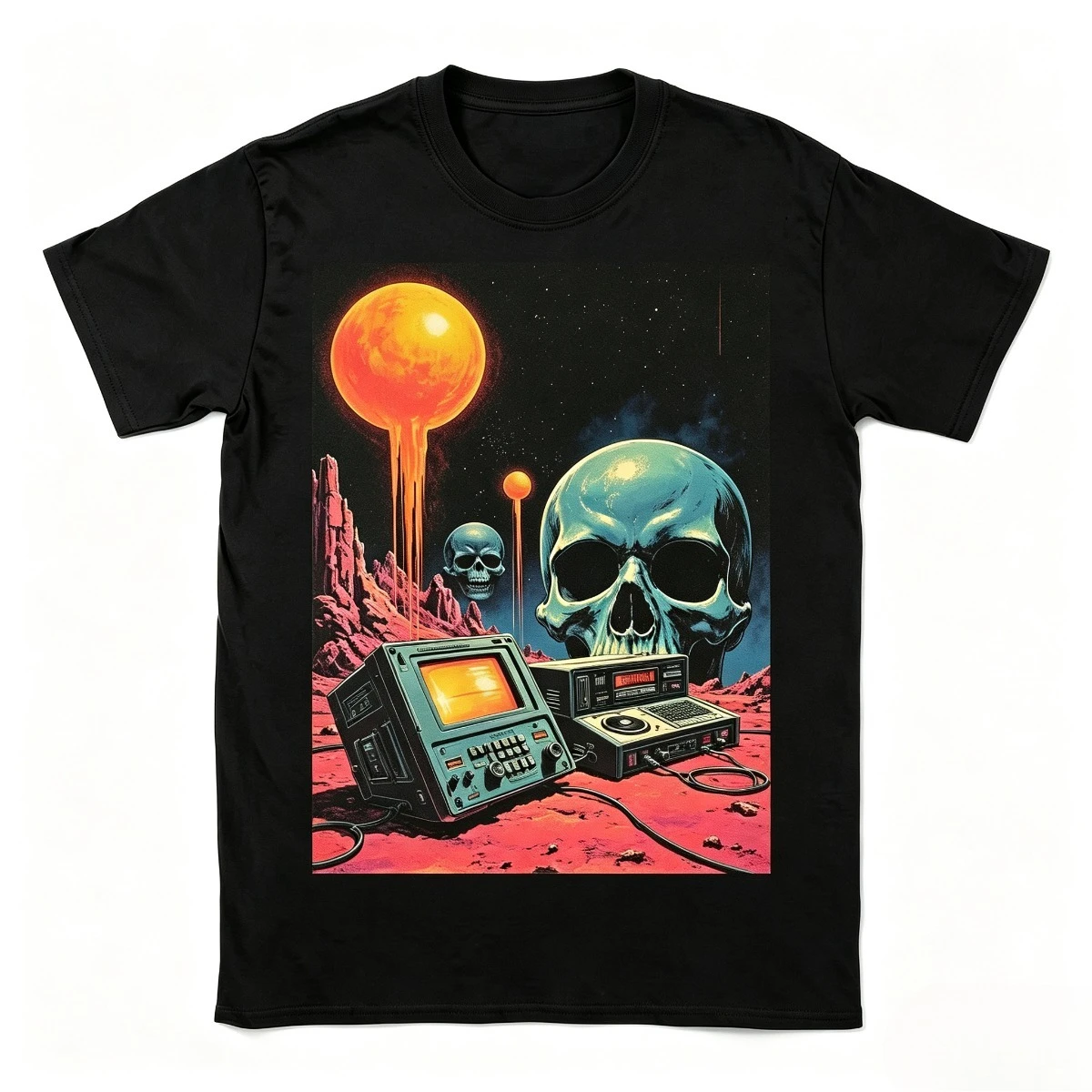 Men's T‑shirt Vintage Retro Space Skull Old Electronic Devices Graphic Print Cotton Sci Fi Street Daily Casual Tops Men Clothing