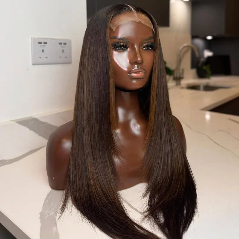 

Silky Straight Indian Human Hair Highlight Chestnut Brown 13x6 Lace Front Deep Part Wigs for Black Women Glueless Full Lace Wigs