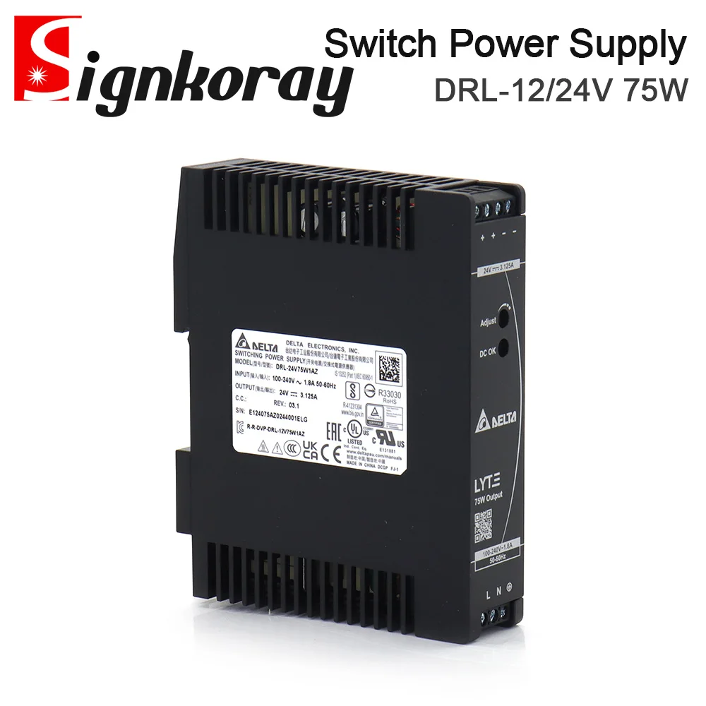 SignkoRay Original DELTA DIN Rail Type Switching Power Supply DRL Series 12V 24V 75W Single Phase 50-60Hz