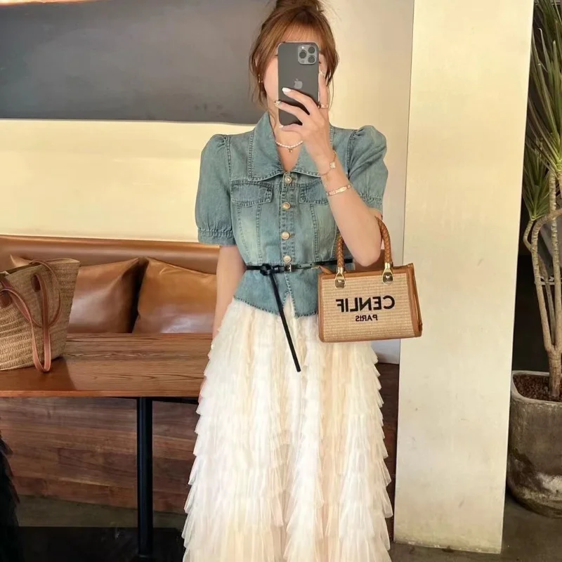 Retro Denim Short Sleeve Shirt High Waist Lace Half Body Skirt Two Piece Set Casual Style Polyester Fabric Cake Skirt Style