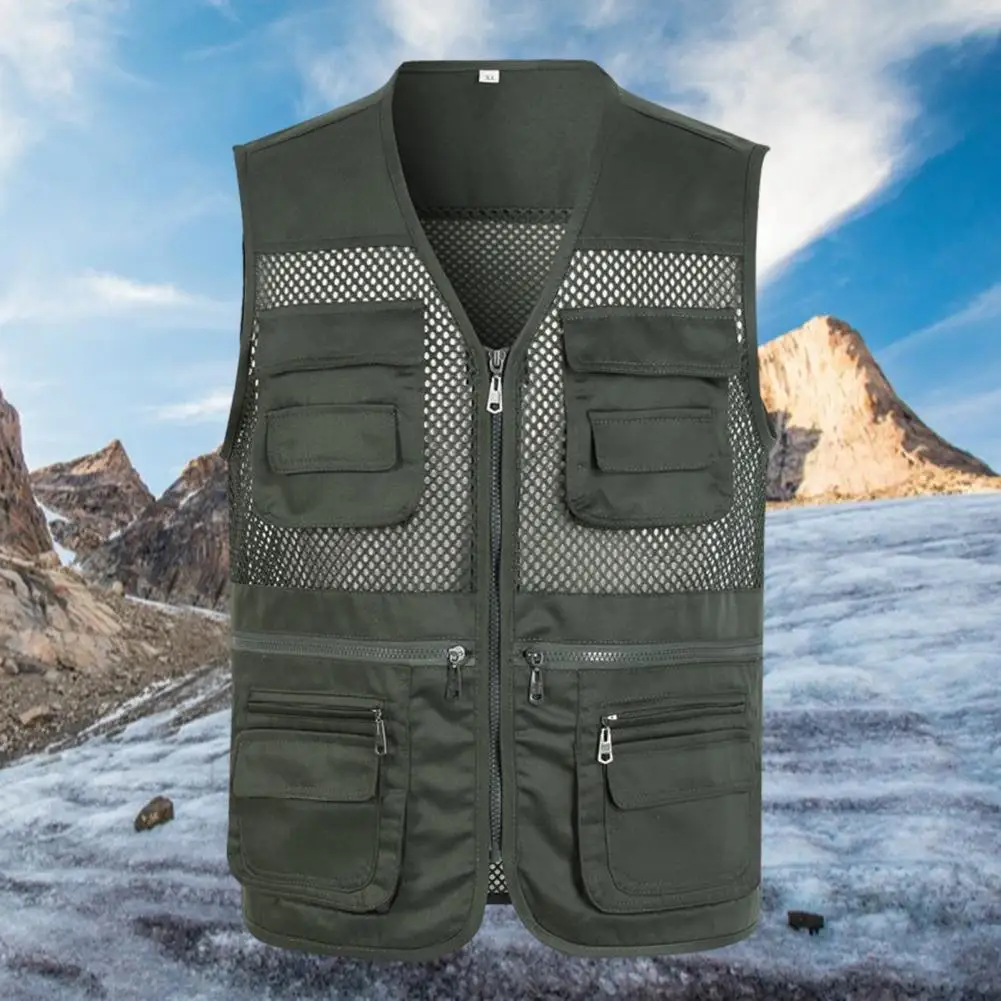 2025 Fishing Vest Men's Spring/Summer Mesh Solid Color Multi Pocket Fishing Shoulder Casual Vest Loose Net Yarn Waistcoat