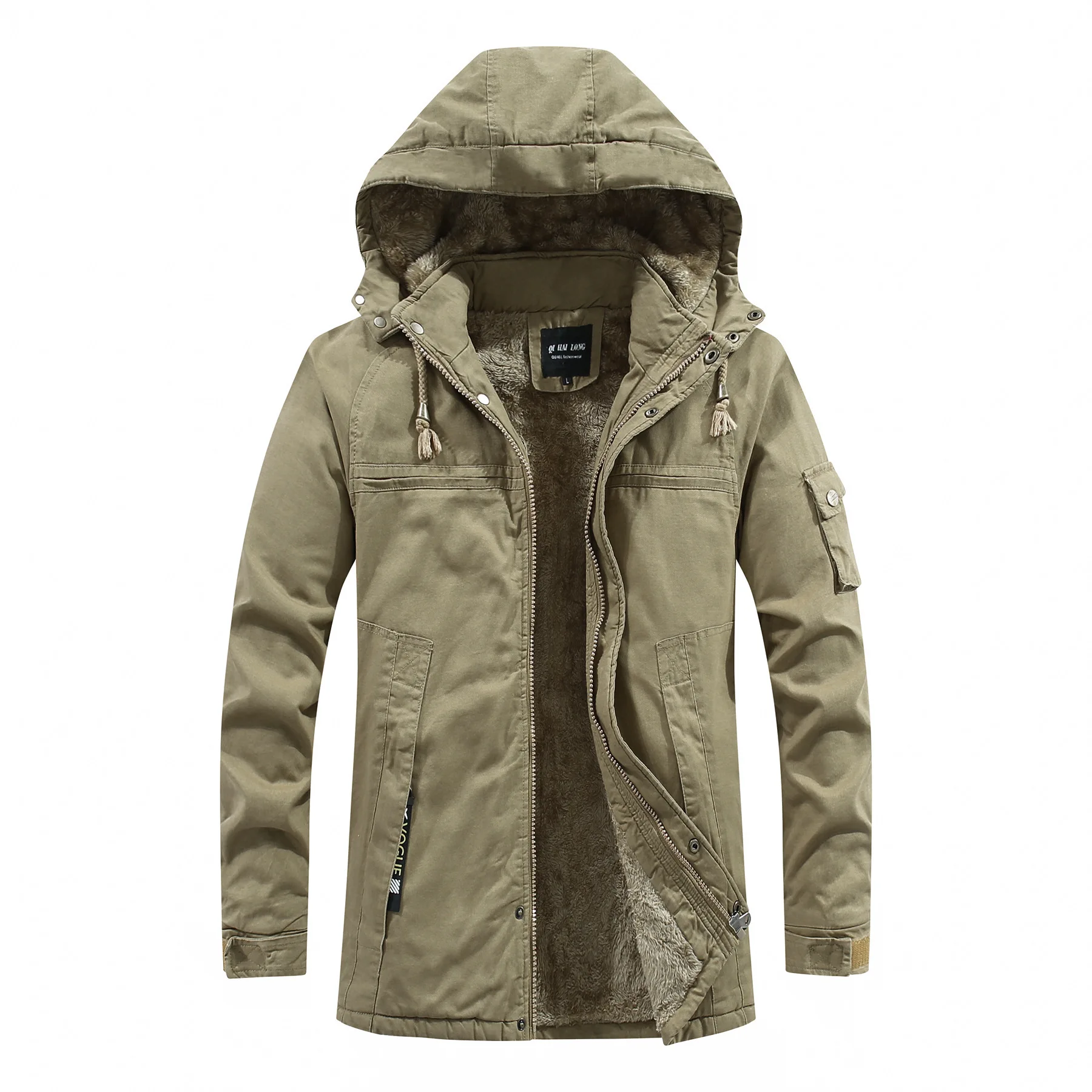 

Men's thickened cotton-padded jacket with fleece, men's coat, winter hooded men's cotton-padded jacket, mid-length jacket