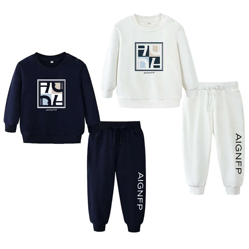 新生児スウェットセット秋のファッション幾何学プリントプルオーバーベビートップパンツ-2-個セット綿長袖幼児パーカー