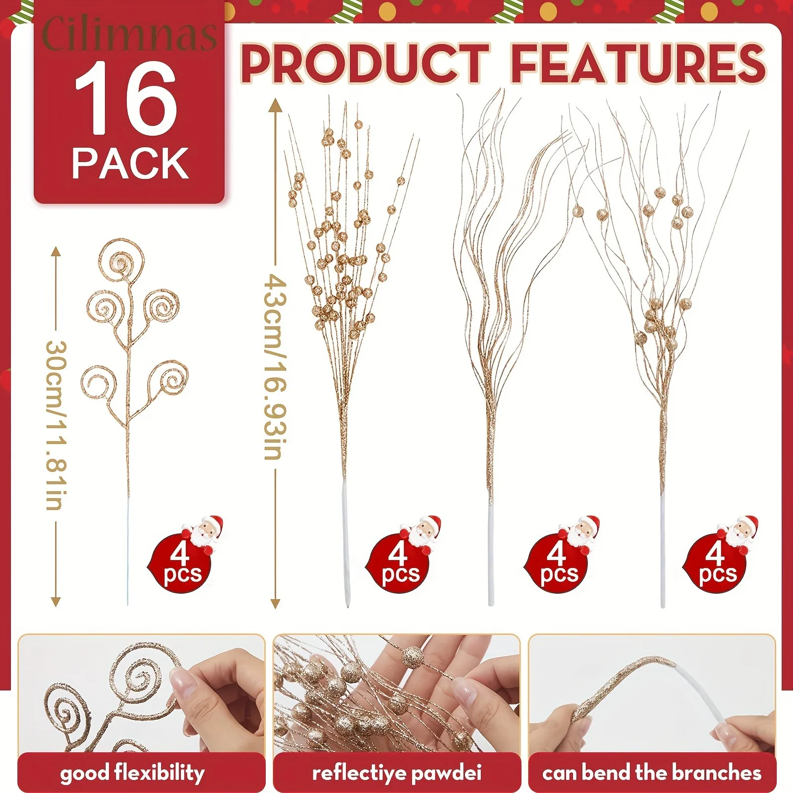 8/16 Stück glitzernde künstliche Blumen, Beerenstrauß, Weihnachtsbaumschmuck für Zuhause, Raumdekoration, Neujahr 2026, DIY-Geschenkzubehör – Detail 8