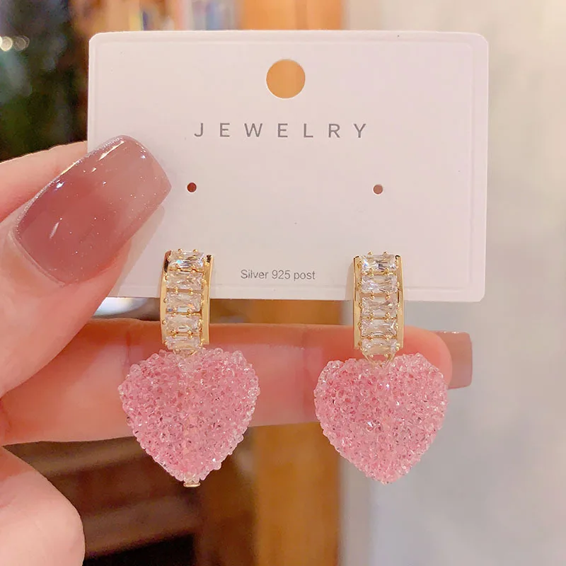 Internet celebrity explosion pink fudge peach heart earrings niche design earrings premium sweet candy color silver needle earri