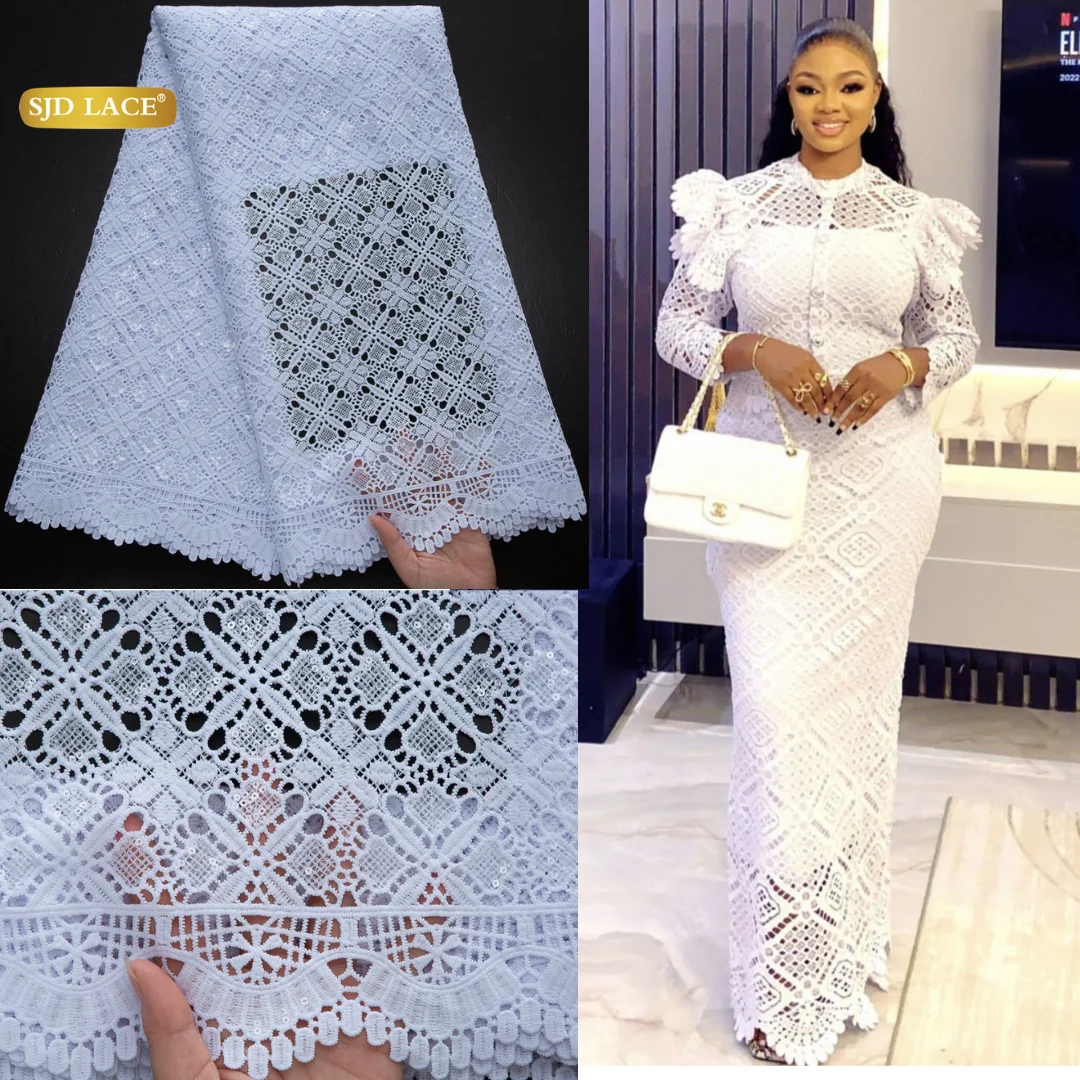 

SJD LACE Белый африканский нигерийский гипюровый шнур Кружевная ткань 5 ярдов 2025 Новое африканское водорастворимое кружево для женщин праздничное платье 4493