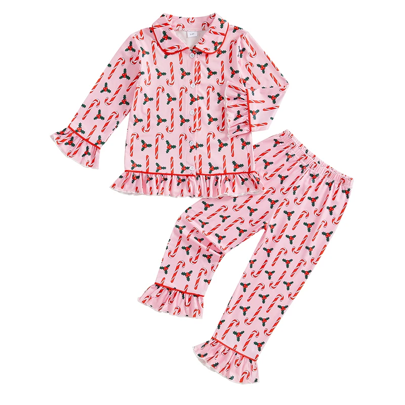 Girls Christmas Pajama Sets Long Sleeve Lapel Candy Cane/Santa Claus Print Shirt Pants Sleepwear