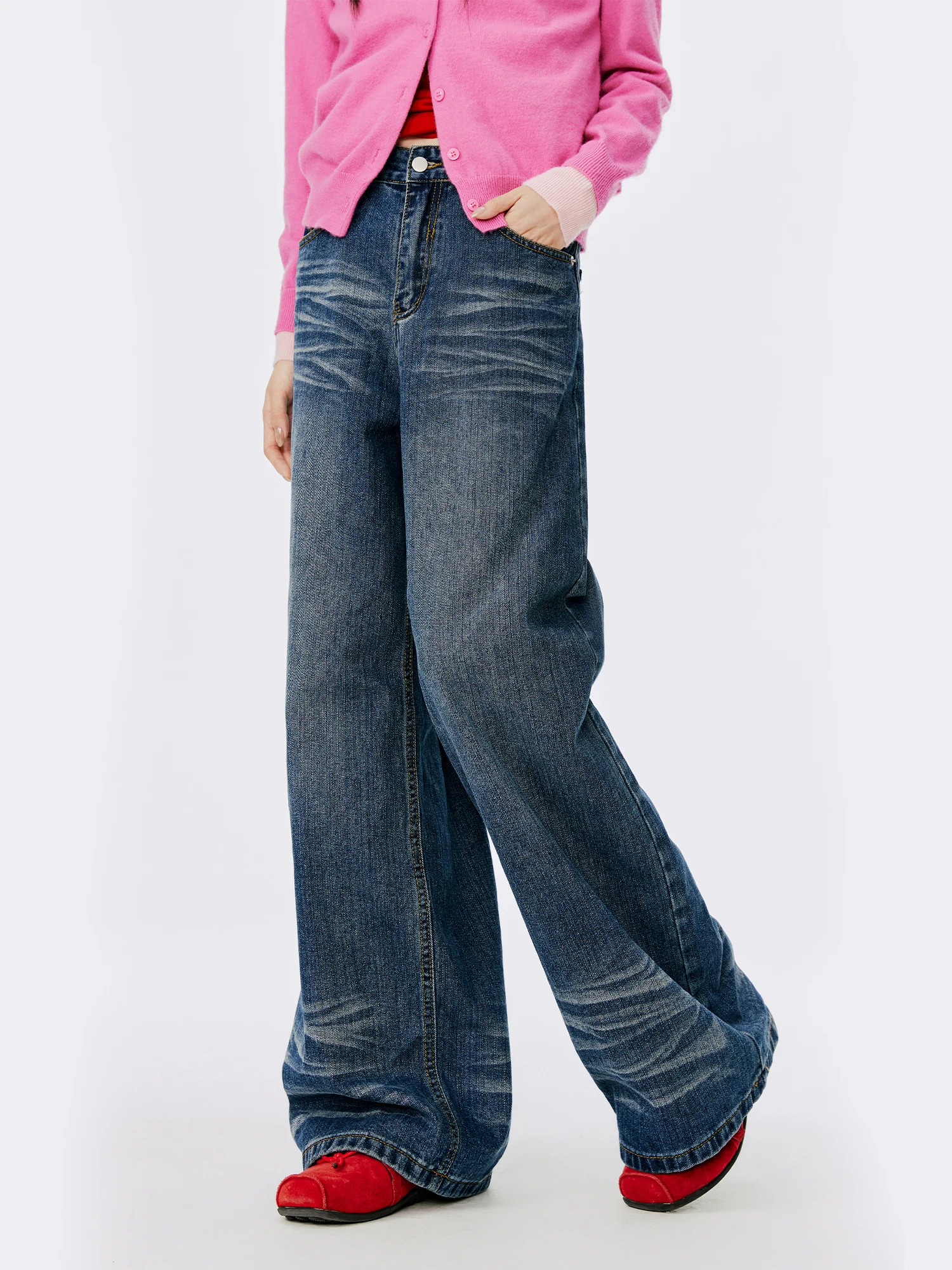 

Женские синие джинсы Burgenland: прямые, широкие, повседневные брюки из комфортного хлопка, корейский стиль, деним с эффектом потертости