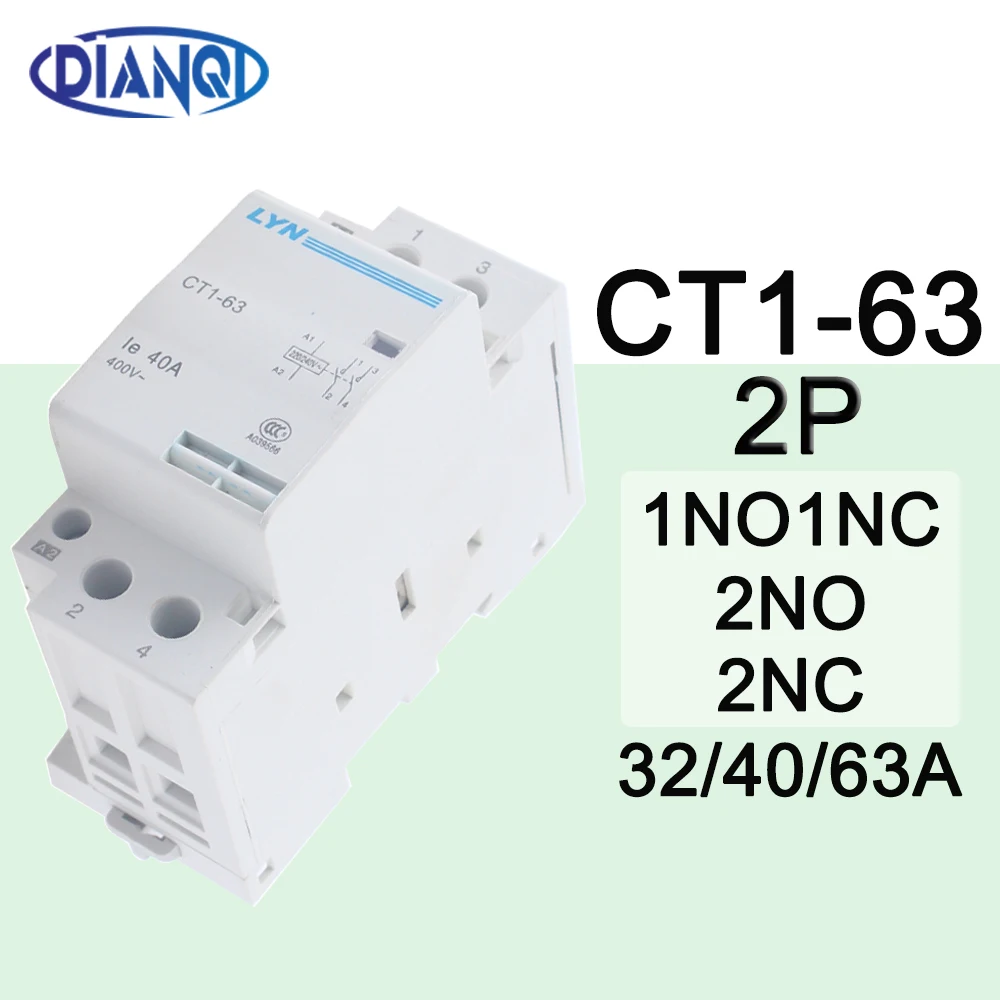 CT1-63 32A 40A 63A 2P 220V Coil 50/60HZ Din Rail Household AC Modular Contactors 2NO/2NC 1NC1NO Contact Module 