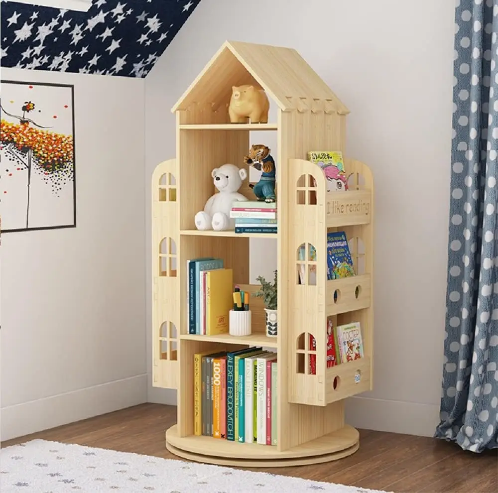 

360-Degree Rotating Wooden Bookshelf for Kids, Floor Standing Bookcase with Storage Rack and Smooth Rotation