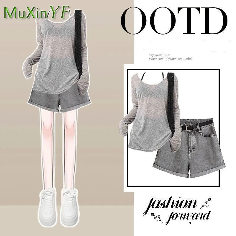 

2025 Summer New Korean Elegant Casual Sunscreen Top+Strap+Retro Denim Shorts 3-Piece Suit Women's Fashion Tracksuit Matching Set