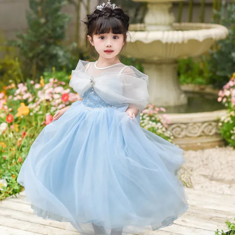 

Girls' Elsa Shining Princess Dress With Shawl Cosplay Party Dress Cinderella Fashion High end Birthday Dress For Children Gifts