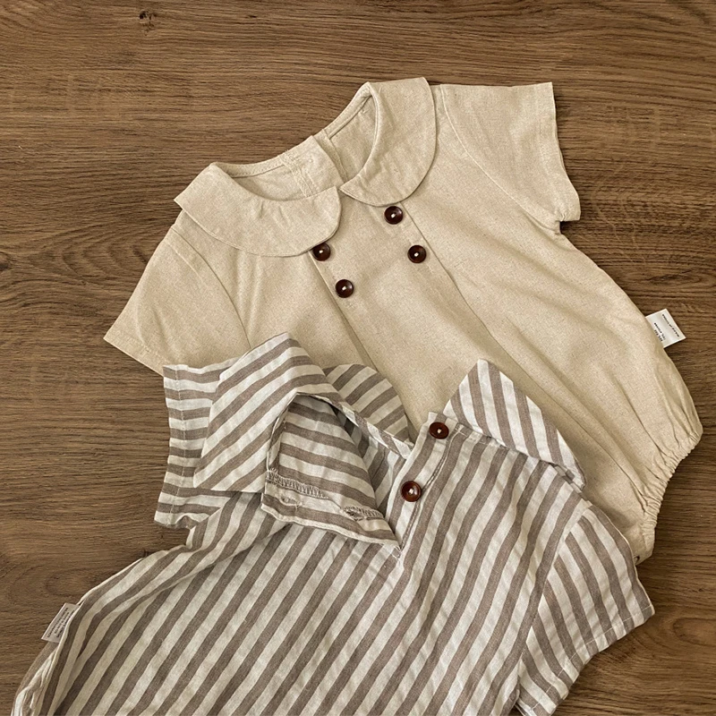 Summer New Preppy Style Baby Bodysuits Shirt Collar Girls Boys Bodysuit Breathable Linen One Piece Baby Clothing