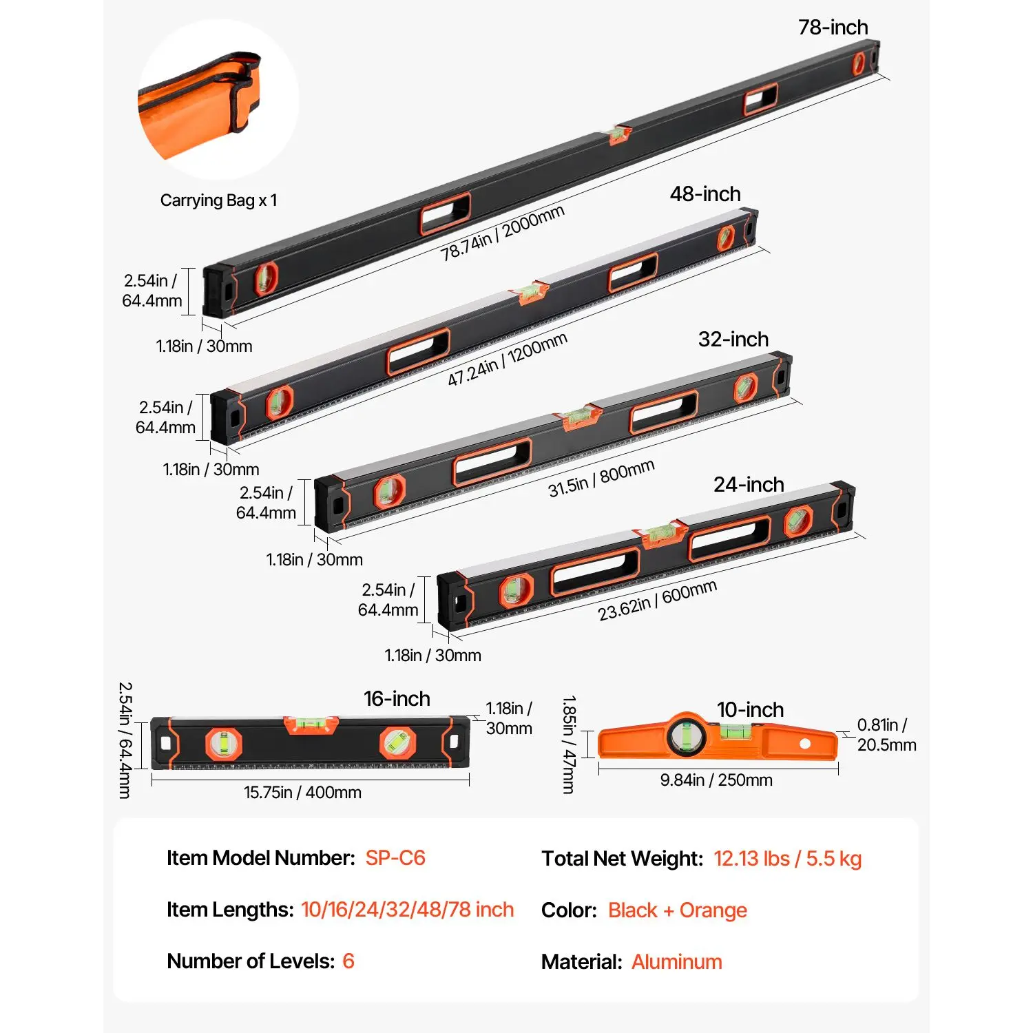 6-Piece Magnetic Torpedo Level Set – 10/16/24/32/48/78 Inch Aluminum Alloy Box Leveler with 45/90/180 Degree Bubble Vials, Shock-Resistant, SAE & Metric Scale, Magnetic Base for Metal Surfaces, Dust-Sealed Storage Bag Included