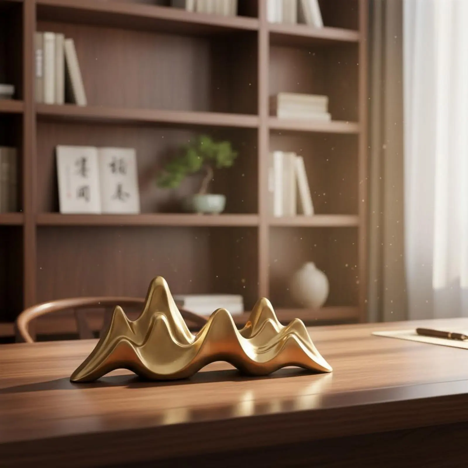 

Abstract Mountain Pinnacle Sculpture Streamlined Design Golden Mountain Range Sculpture Chinese Design Desk Decor Hand-Polished