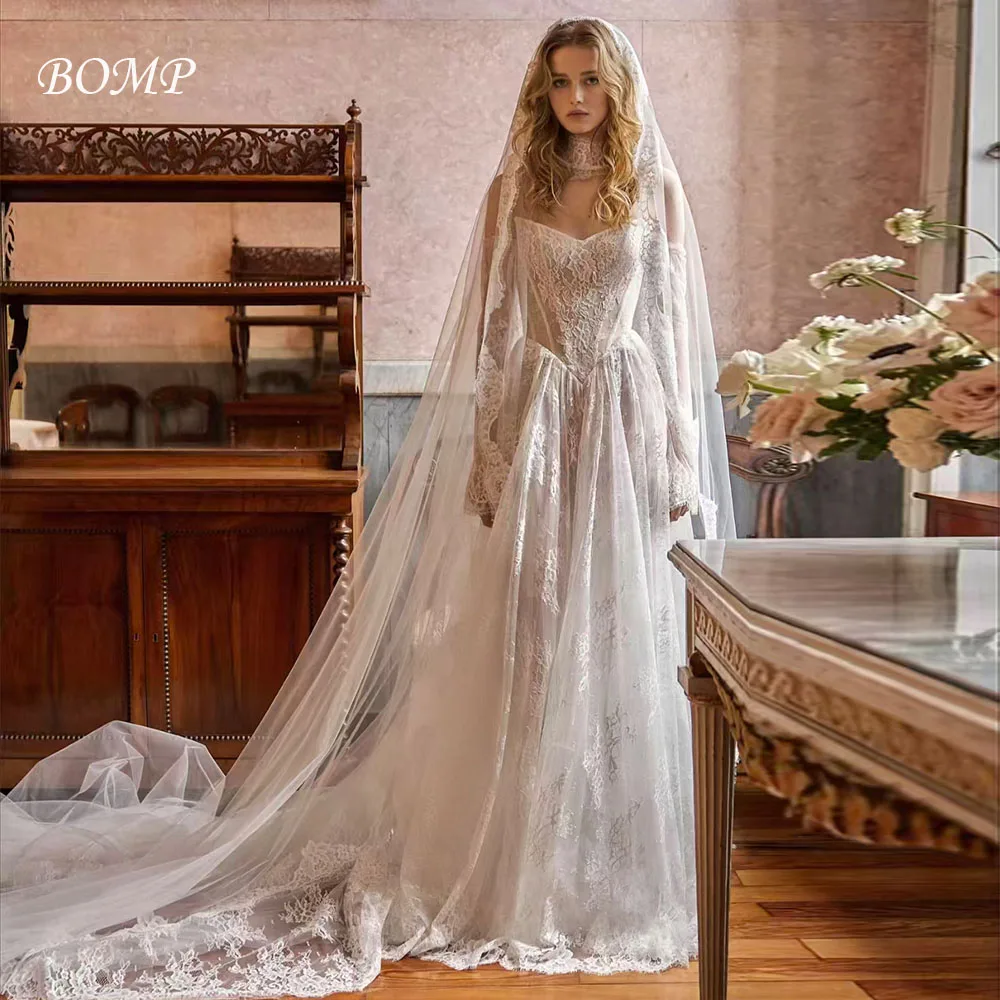 BOMP الأميرة الدانتيل فستان الزفاف الحبيب ثنيات سويب تراين مع وشاح الحجاب امرأة فستان زفاف مخصص Vestido de novia #1