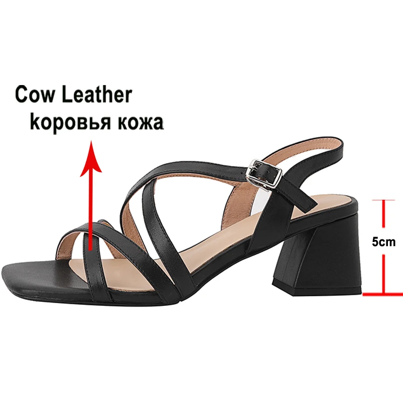 Meotina Shoes Women Genuine Leather Cross Strap Sandals High Heel Square Toe Sandals Thick Heels Buckle Ladies Footwear Summer