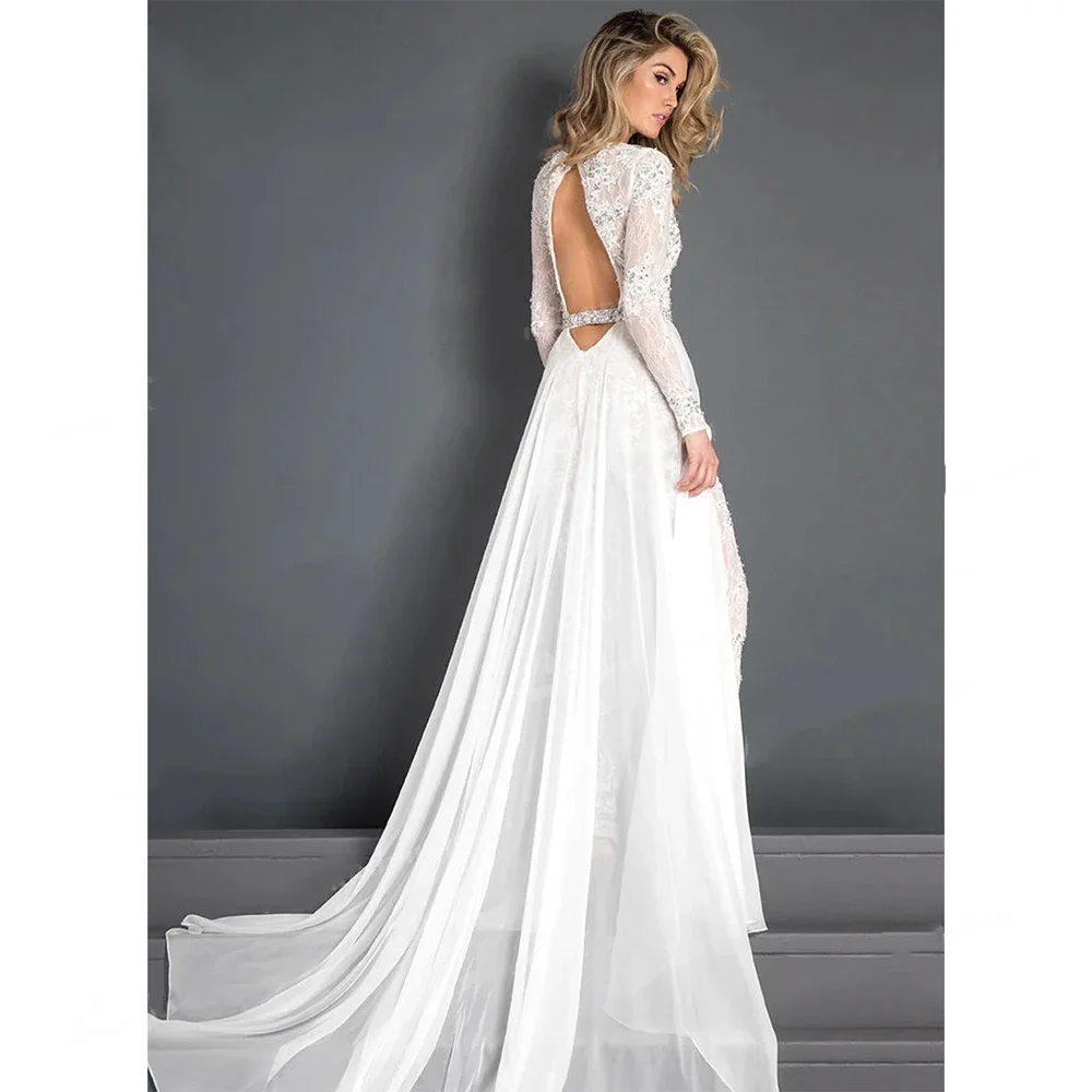 Two Piece Suit Wedding Jumpsuit Dress V-Neck Long Sleeve Ankle-Length Pantsuit Gown for Bride Party Banquet PromCocktail