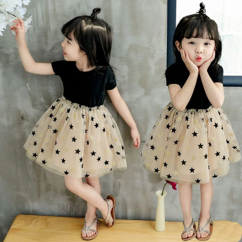 2024Girls Summer New Little Flying Sleeve Dress Children\'s Cute Splice Mesh Ponchy Skirt Girl Casual Dress vestido princesa niña