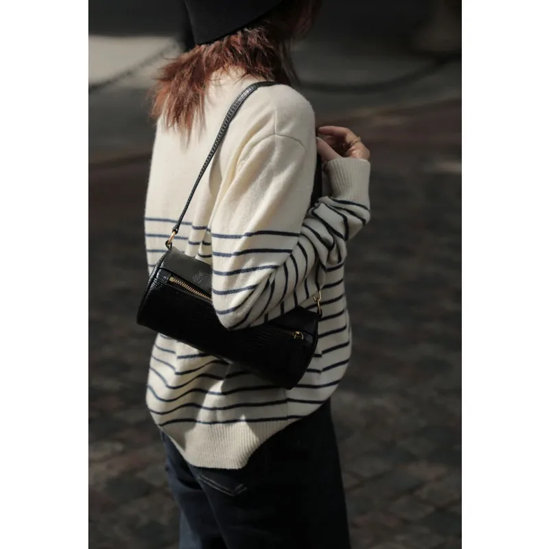 Vintage commuter stripe round neck cashmere sweater for women spring and autumn loose jumper temperament wool base sweater