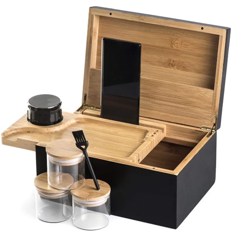 Wooden Stash Box Rolling Tray Bamboo Storage Container Lock 3pcs Glass Jars  Gift Box Set Password Box