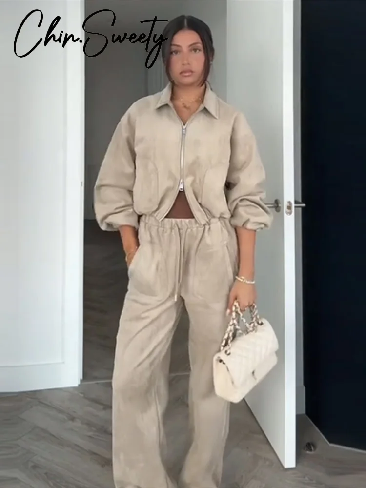 

Городская однотонная куртка, брюки, женский комплект, элегантное пальто с длинными рукавами и лацканами на молнии, широкие брюки, осень-зима 2024, женская одежда